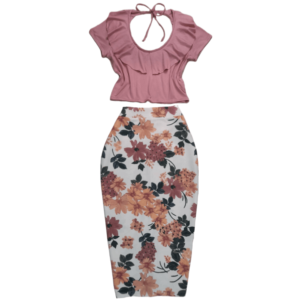 Ruffles Crew Neck Long Sleeve Blouse And Floral Pencil Skirt
